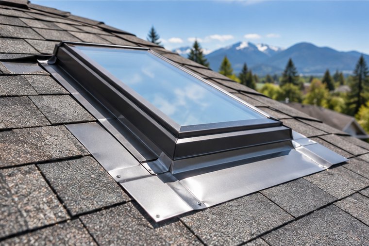 Roof flashing and skylight detail on an asphalt shingle roof