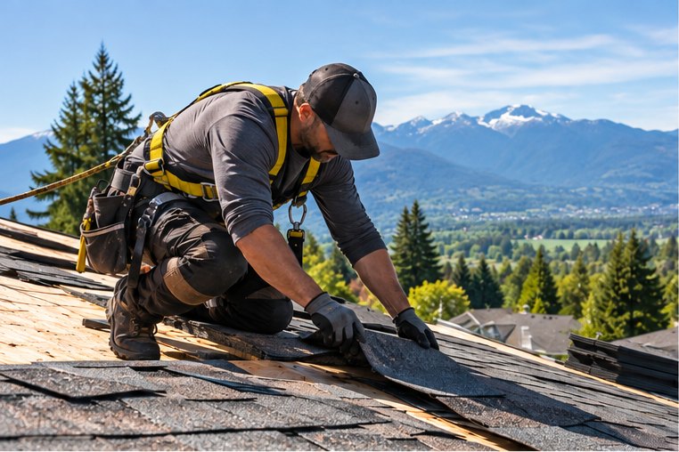 Roofer installing a residential roof with Fraser Valley mountains behind