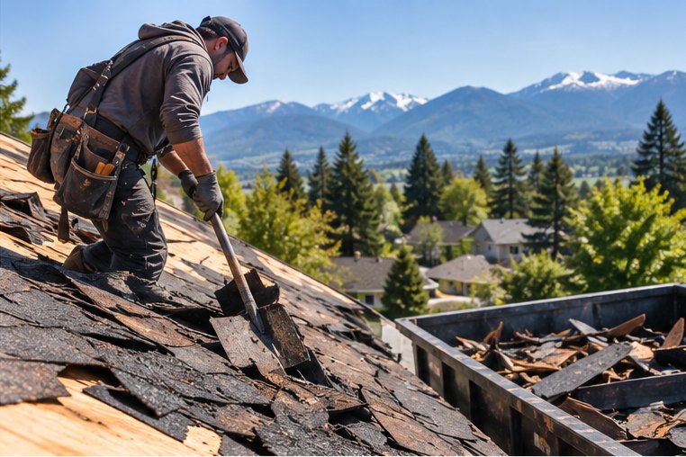 Old asphalt shingles being removed during a residential roof replacement