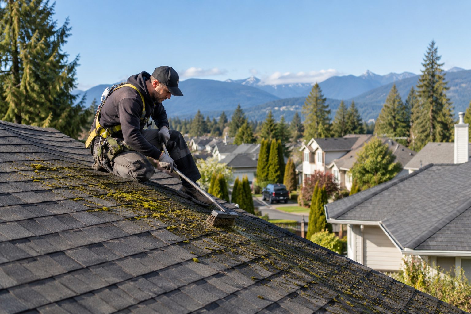 Roofer removing moss from a shaded asphalt shingle roof