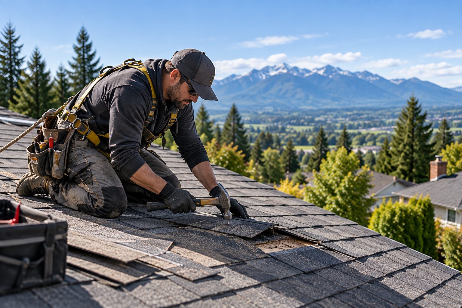 Roofer replacing damaged asphalt shingles on a house roof, with mountains in the distance