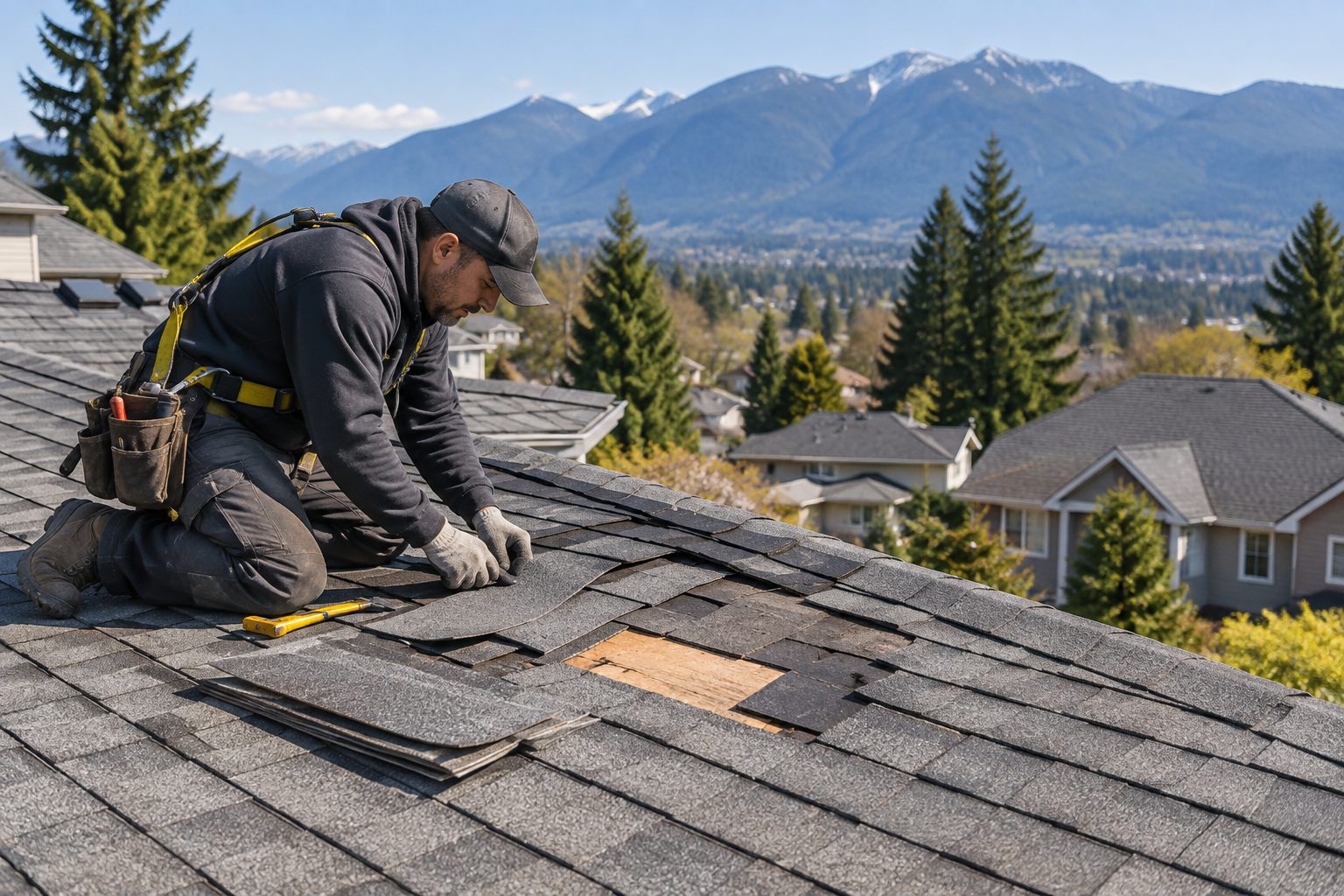 Roofer repairing a section of missing shingles on a house roof