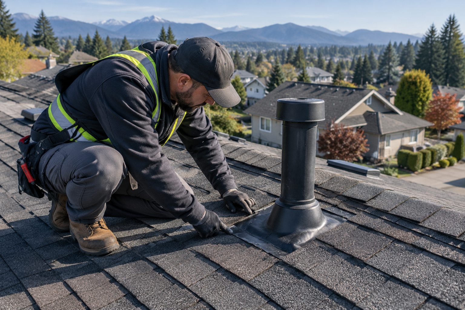 Roofer checking the flashing around a vent pipe on an asphalt shingle roof