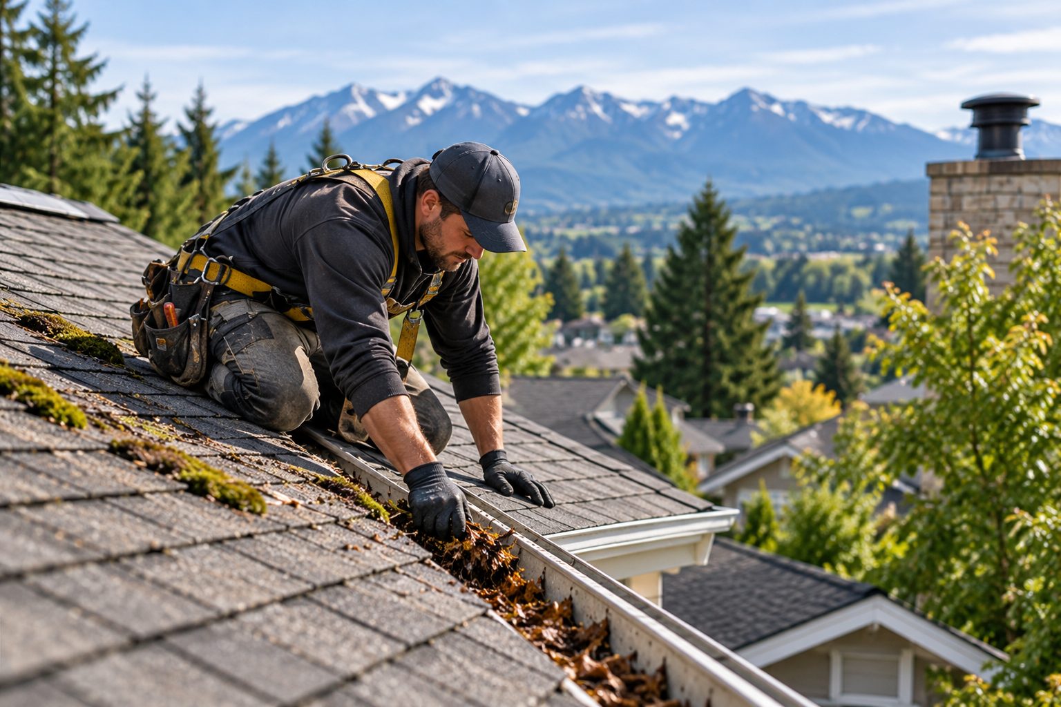 Roofer clearing leaves and debris from a gutter along a shingle roof