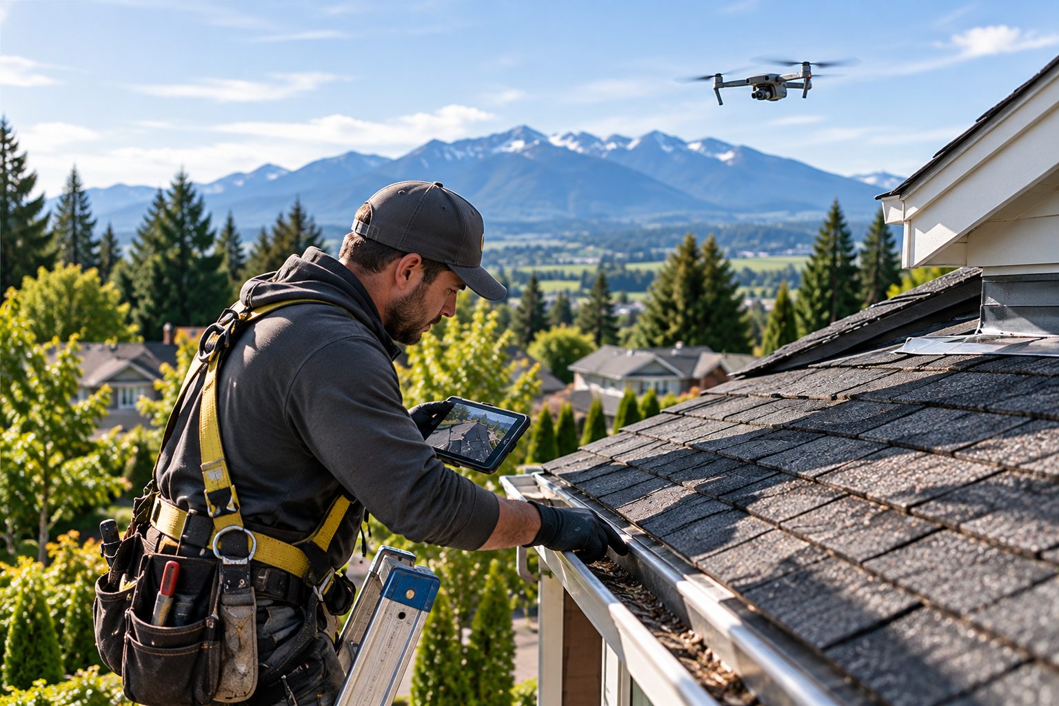 Inspector reviewing a drone view on a tablet beside a roof edge