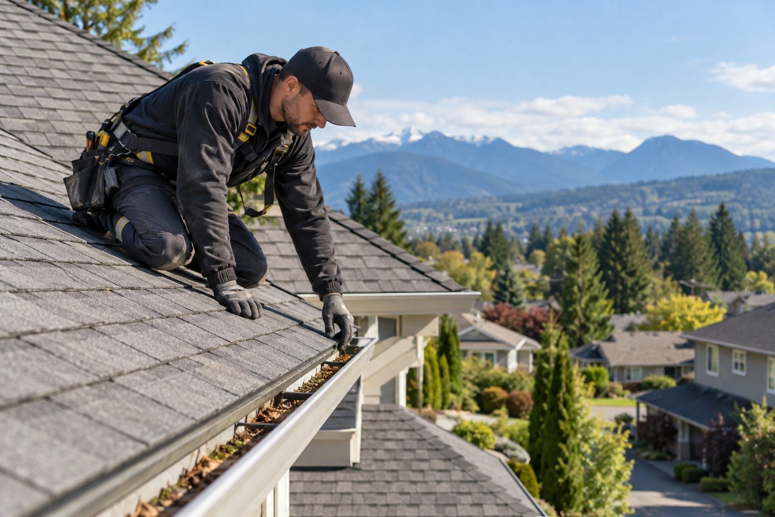 Roofer checking a gutter and the roof edge during an inspection