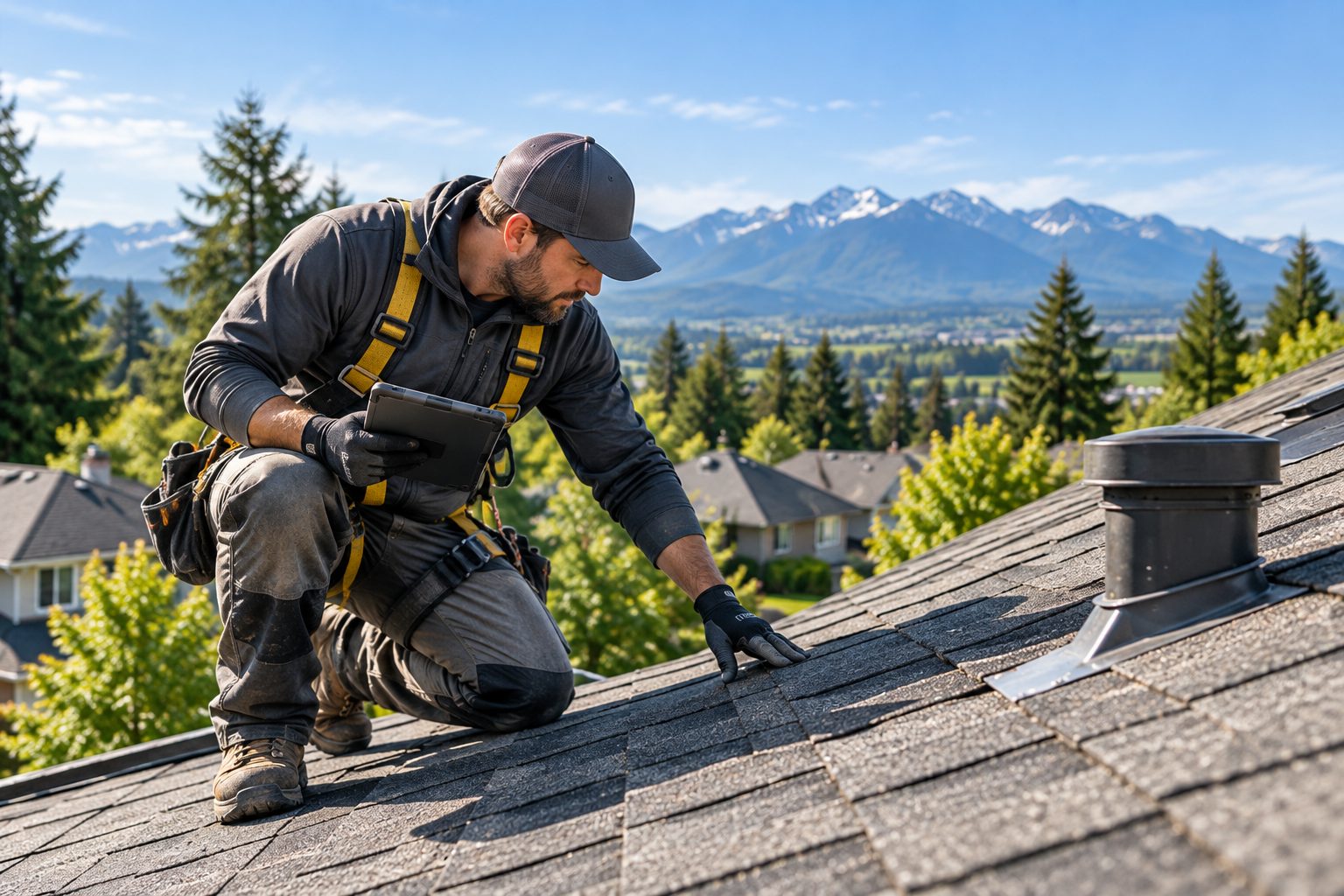 Roofer inspecting an asphalt shingle roof with a tablet, mountains in the distance
