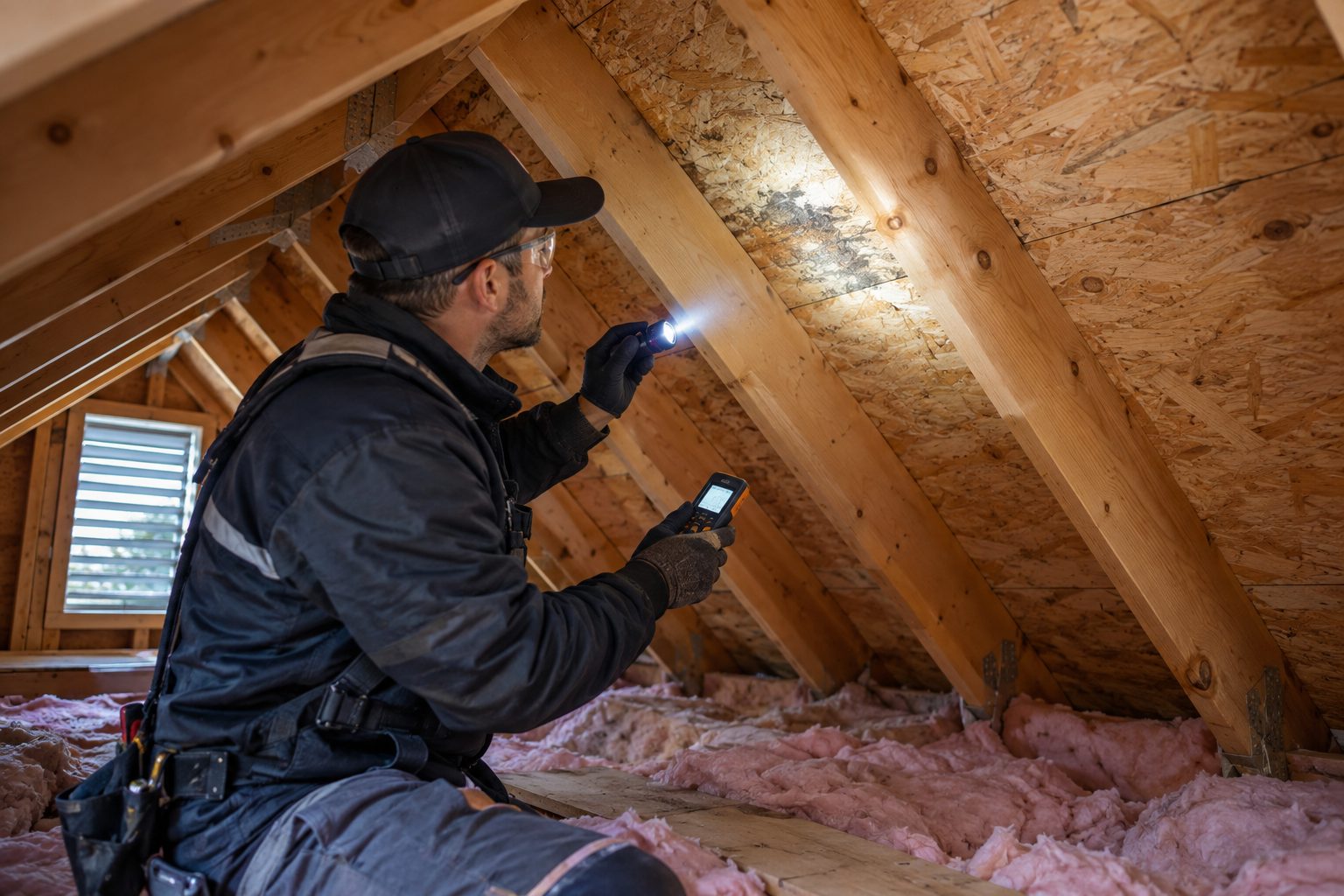 Inspector checking attic insulation and roof sheathing with a flashlight