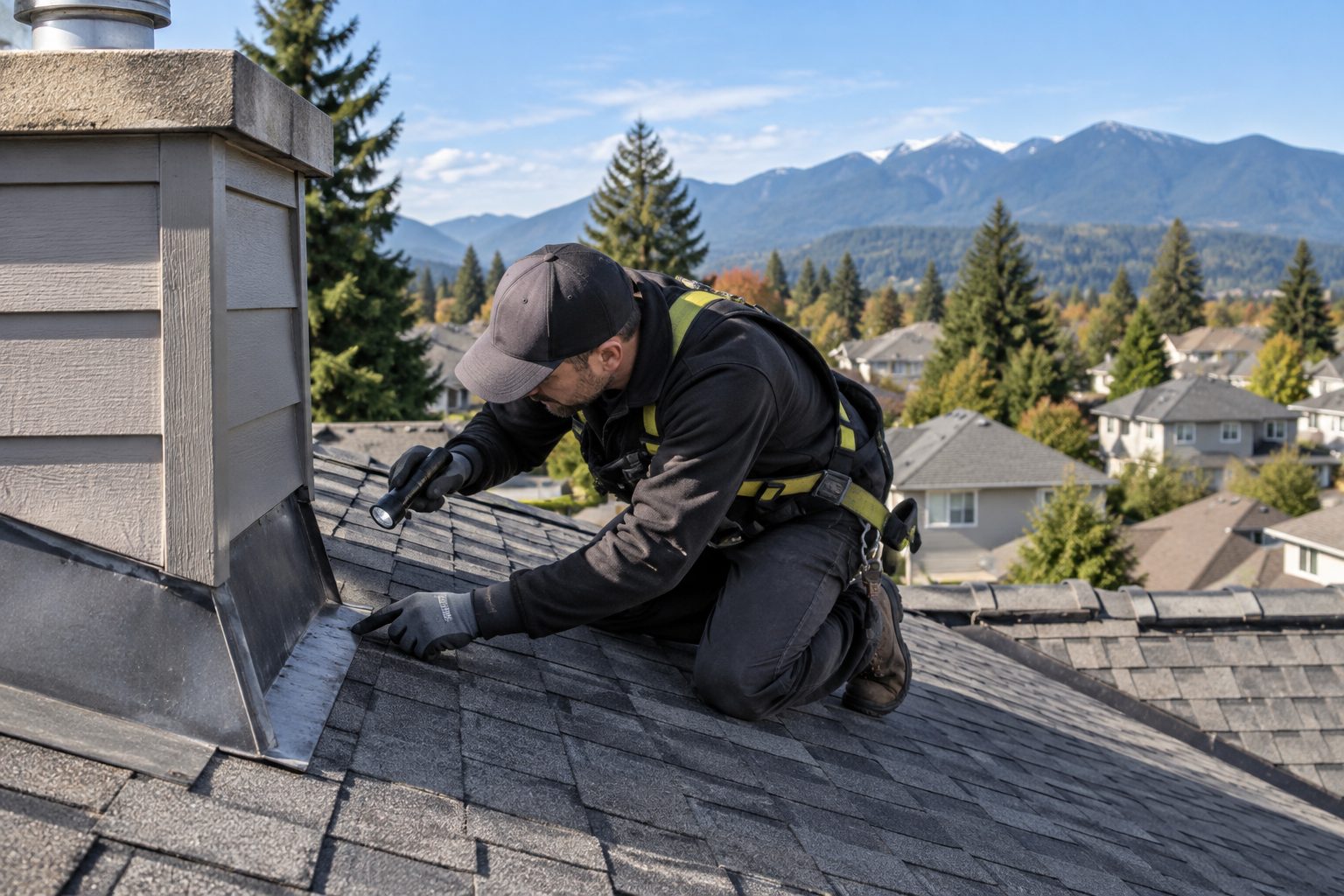 Roofer examining the flashing where a chimney meets the roof