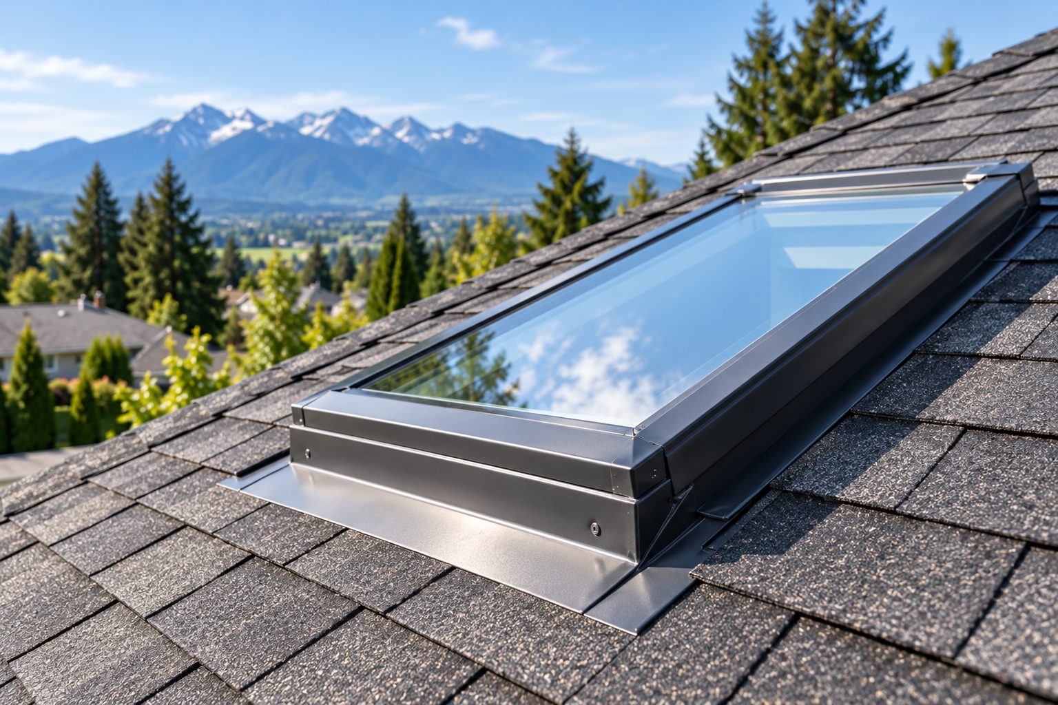 Finished skylight set into an asphalt shingle roof