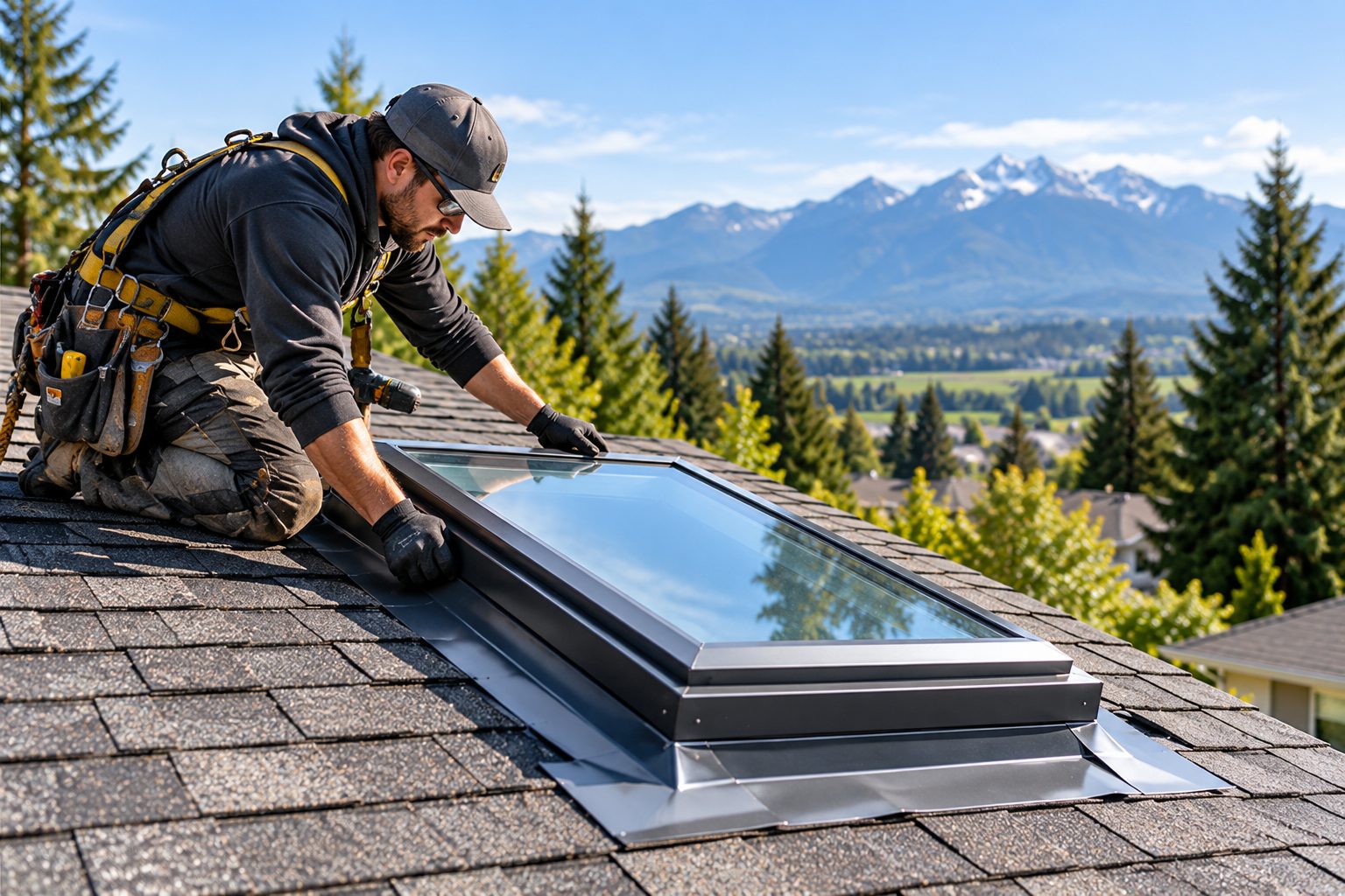 Roofer fitting a skylight into an asphalt shingle roof, mountains in the distance