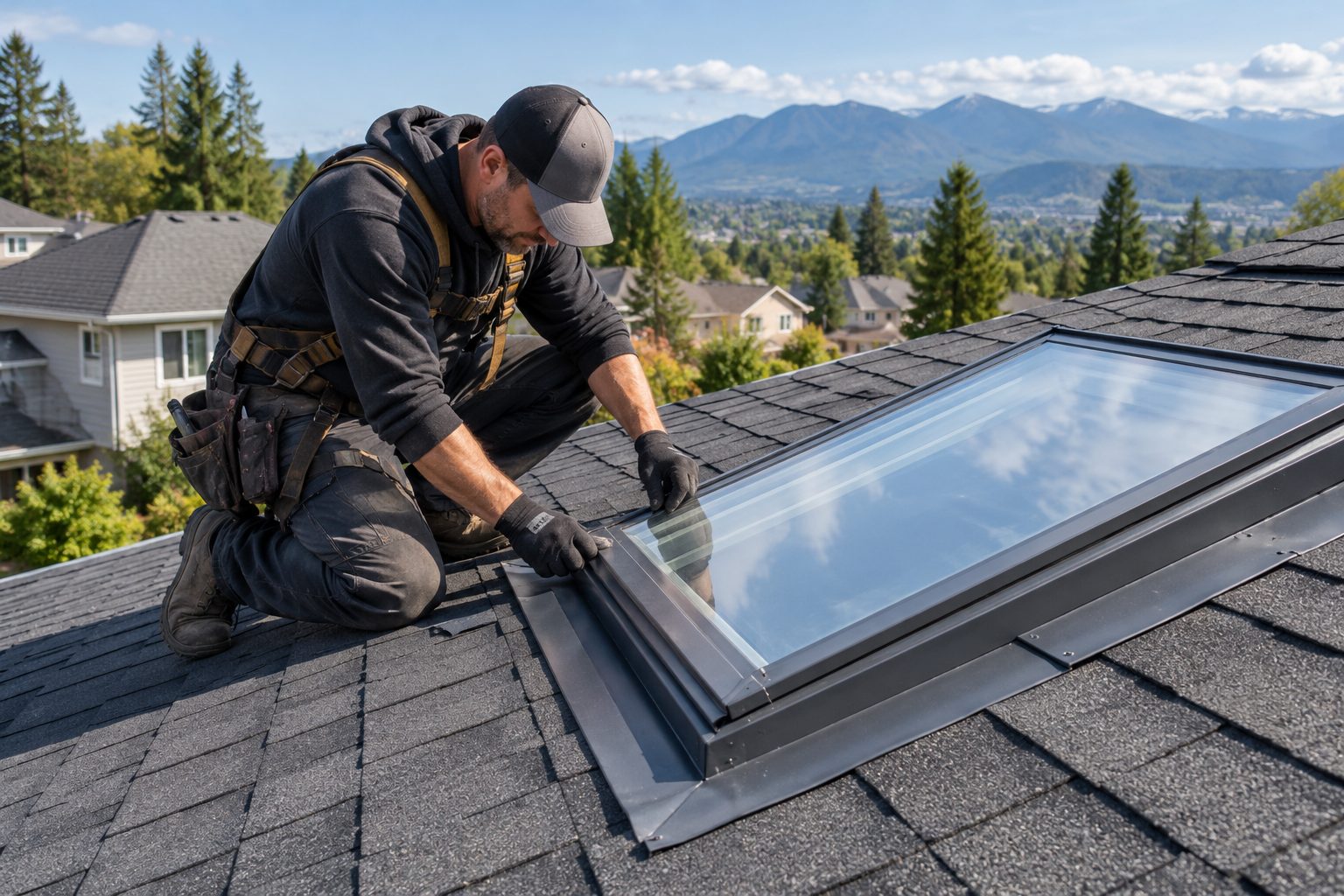Roofer checking the flashing where a skylight meets the shingles