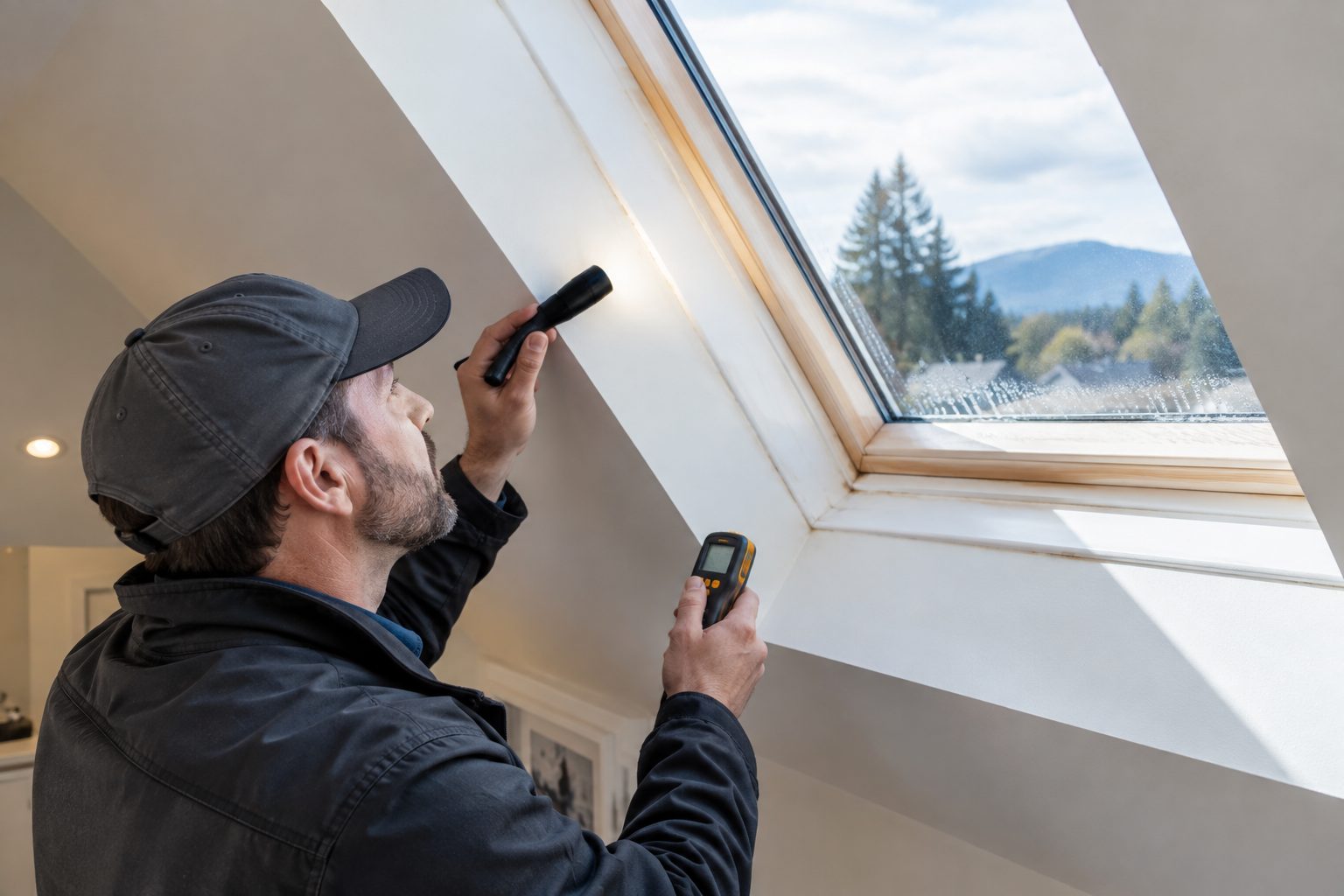 Inspector checking a skylight from inside a room with a flashlight and moisture meter