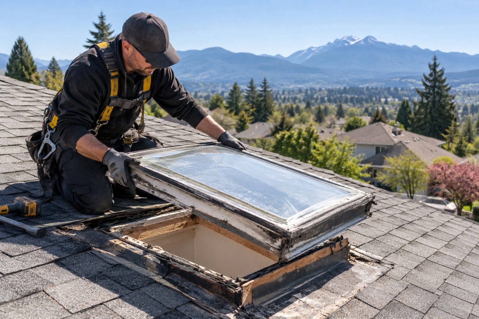 Roofer lifting out an old skylight unit during replacement