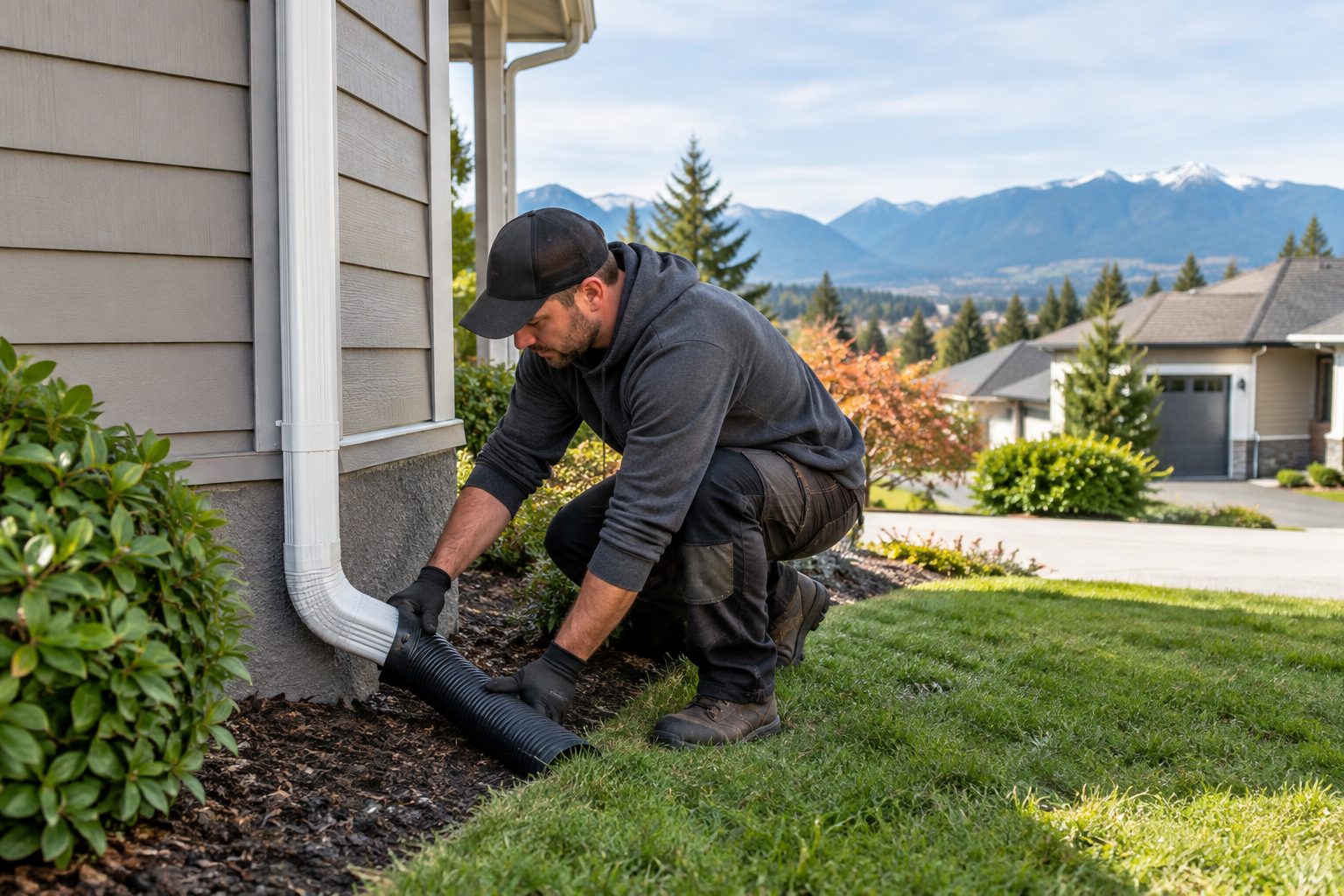 Installer connecting a downspout extension to carry water away from the house