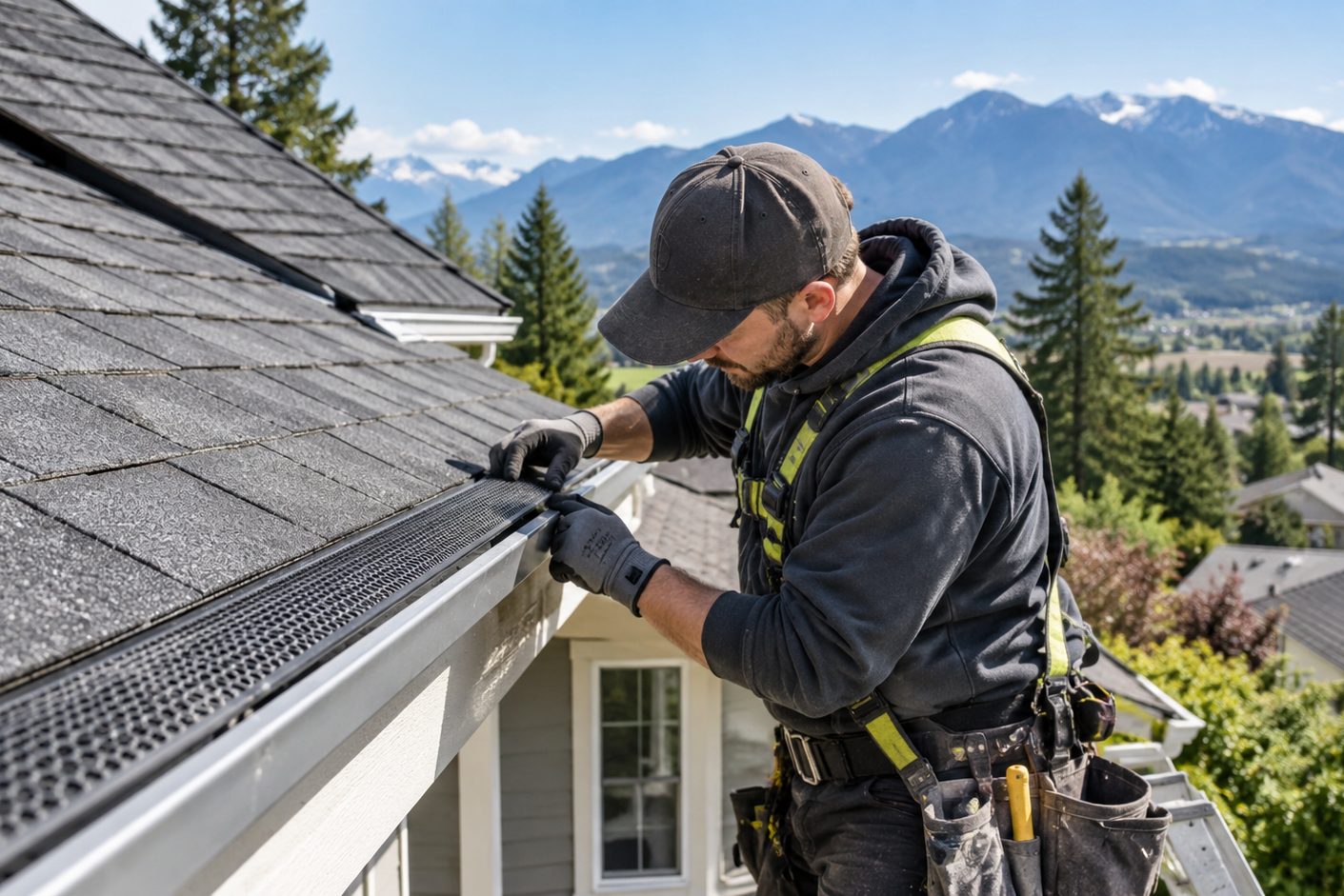 Installer fitting a gutter guard along a shingle roof edge