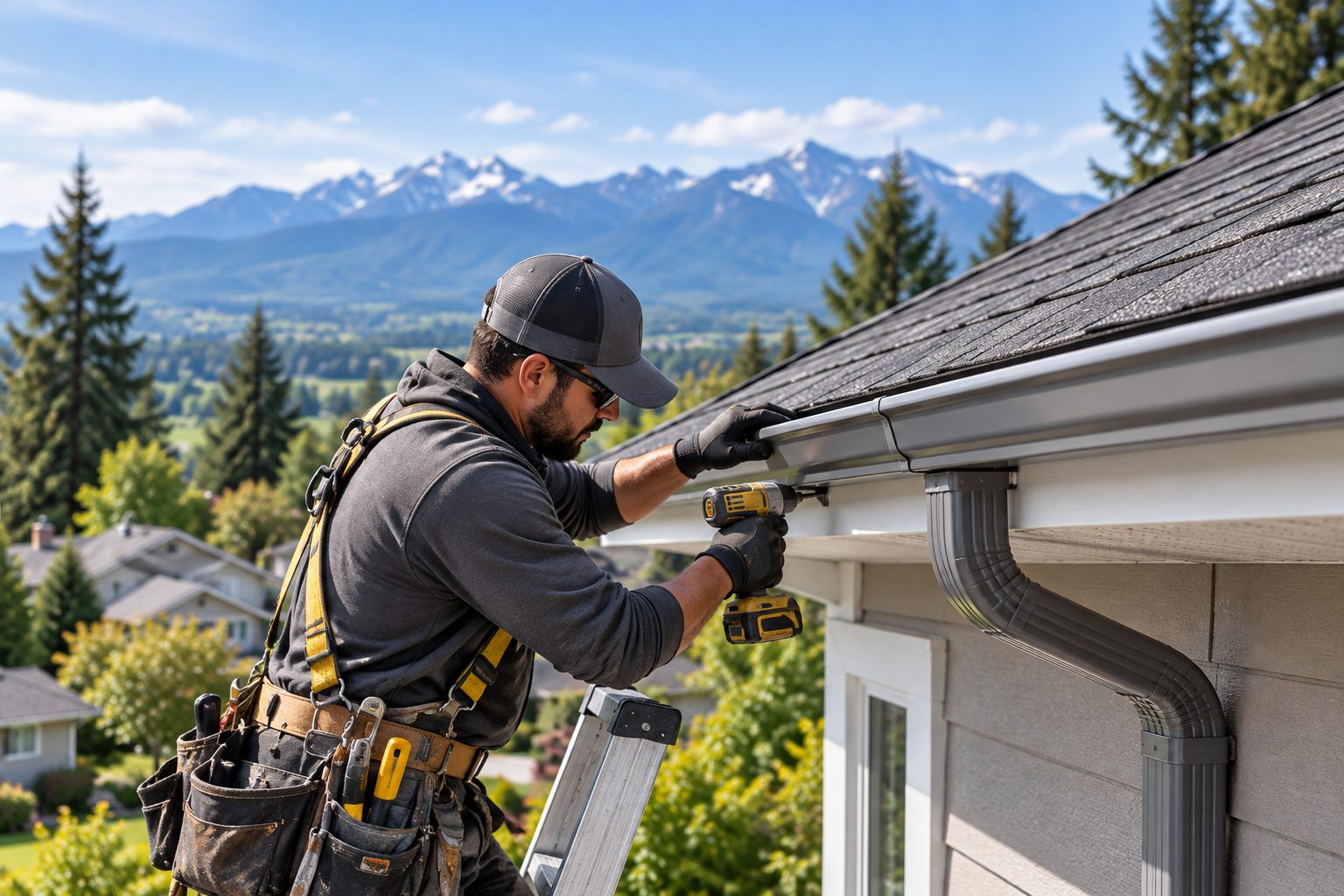 Installer fastening a new gutter and downspout to a house, mountains in the distance