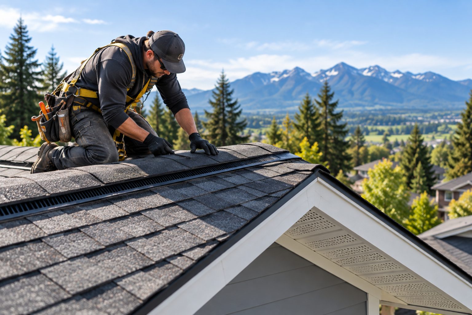 Roofer installing a ridge vent along the peak of a shingle roof