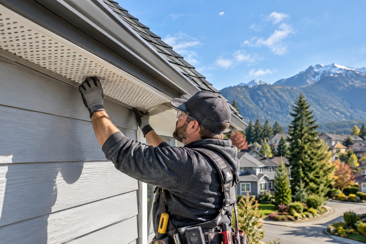 Installer fitting a soffit intake vent under the roof overhang