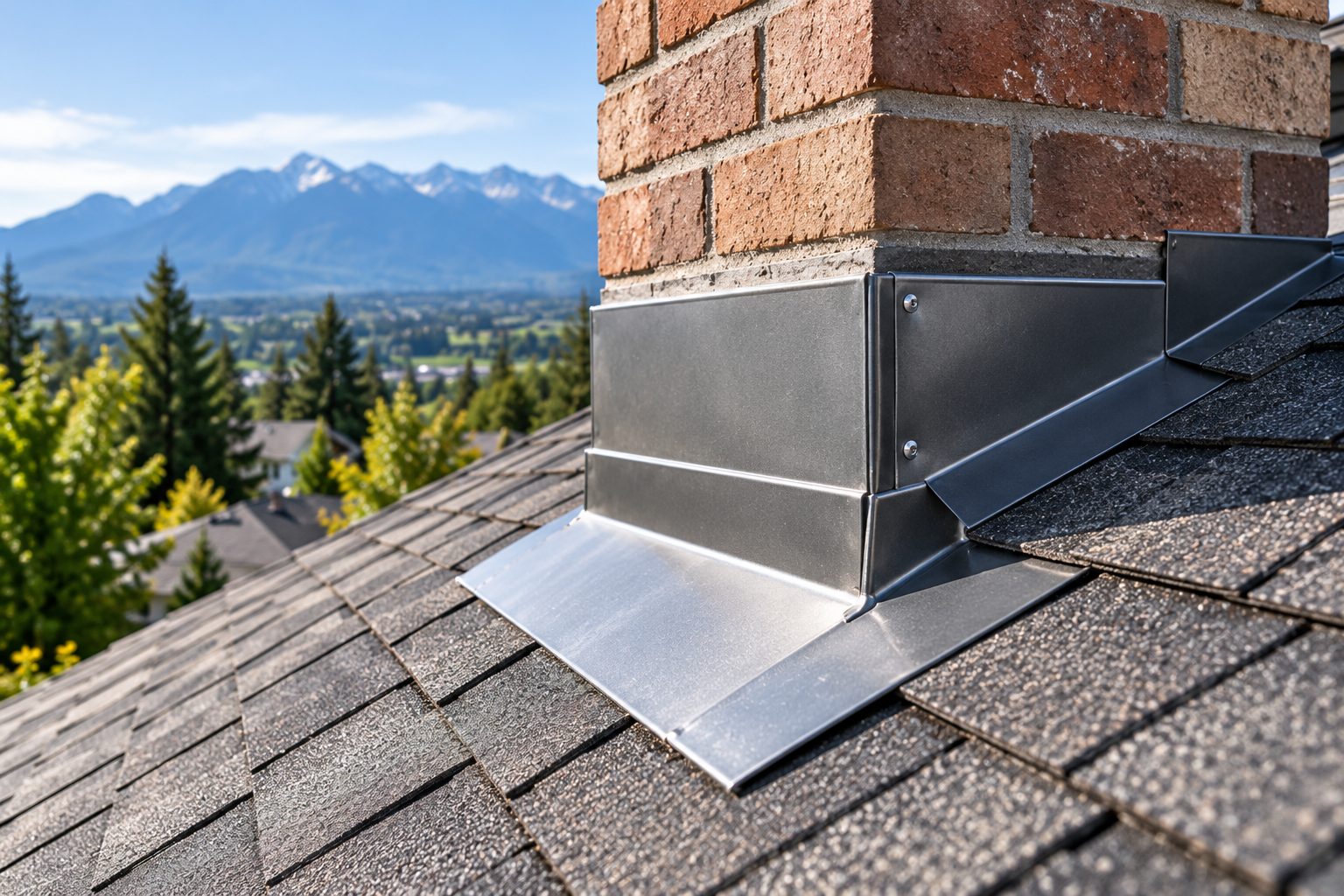 Close view of step and counter flashing where a brick chimney meets the shingles