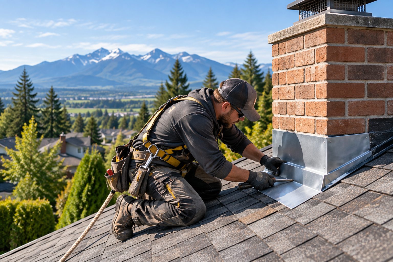 Roofer installing metal flashing around a brick chimney, mountains in the distance