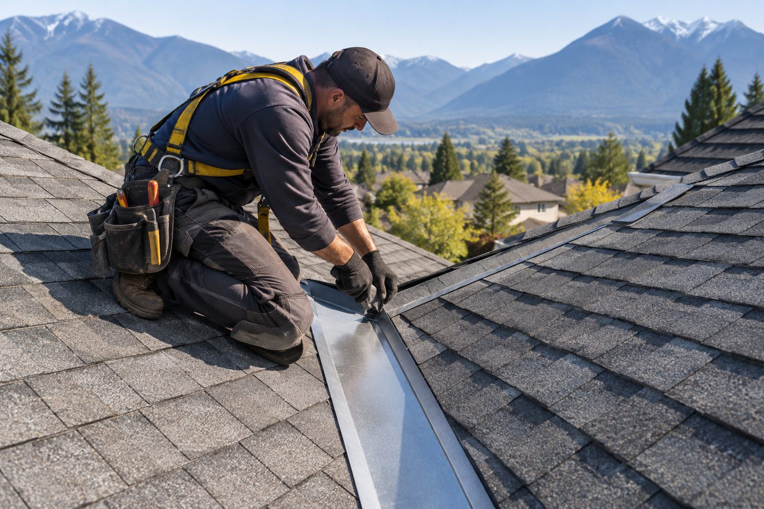 Roofer fitting metal valley flashing where two roof planes meet