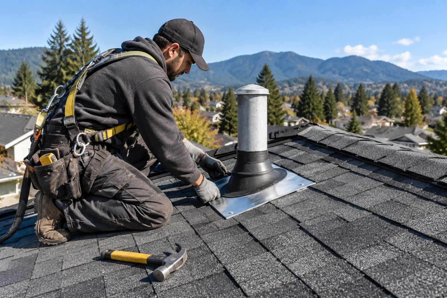 Roofer repairing the flashing around a vent pipe on a shingle roof