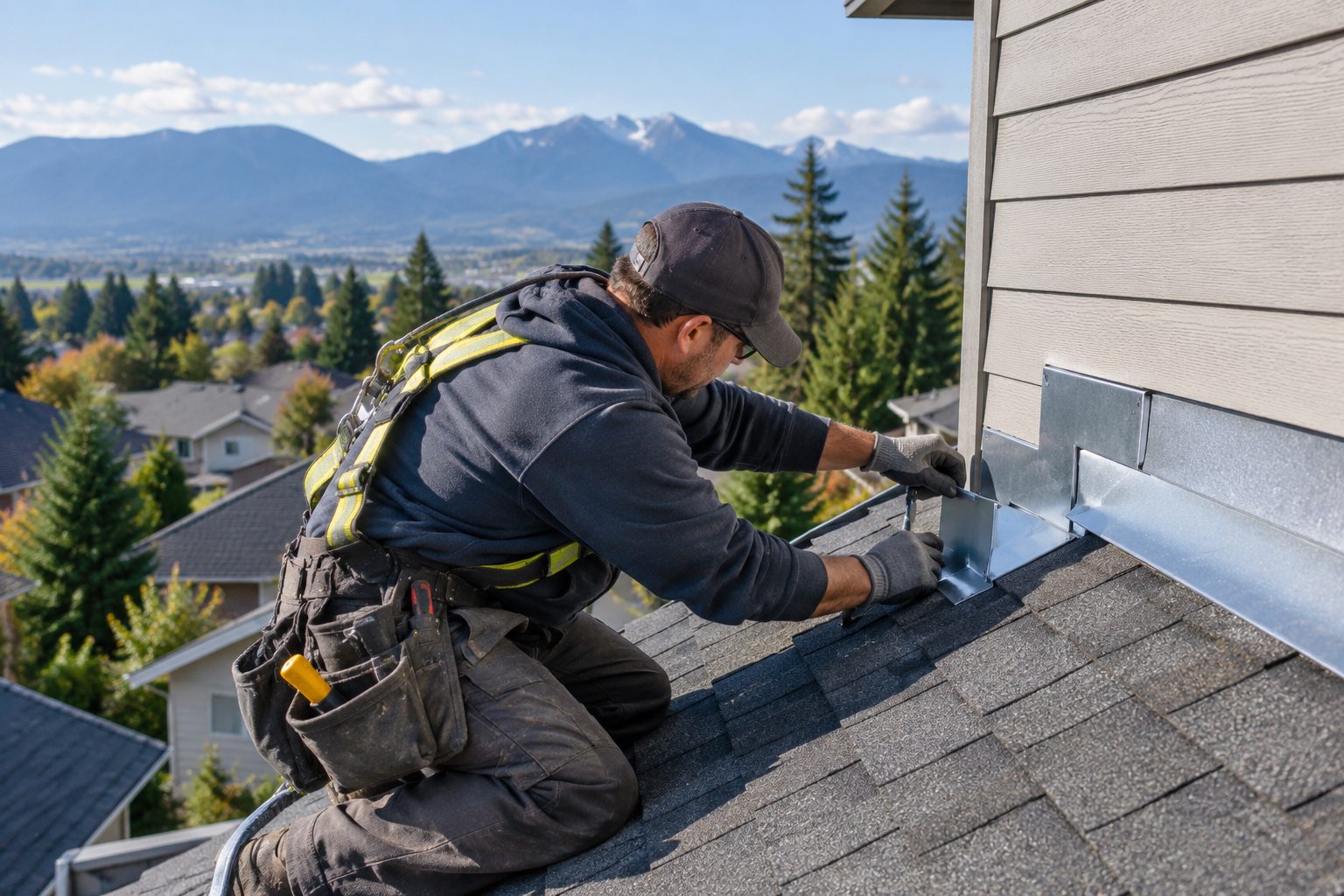 Roofer installing step flashing where the roof meets a sided wall