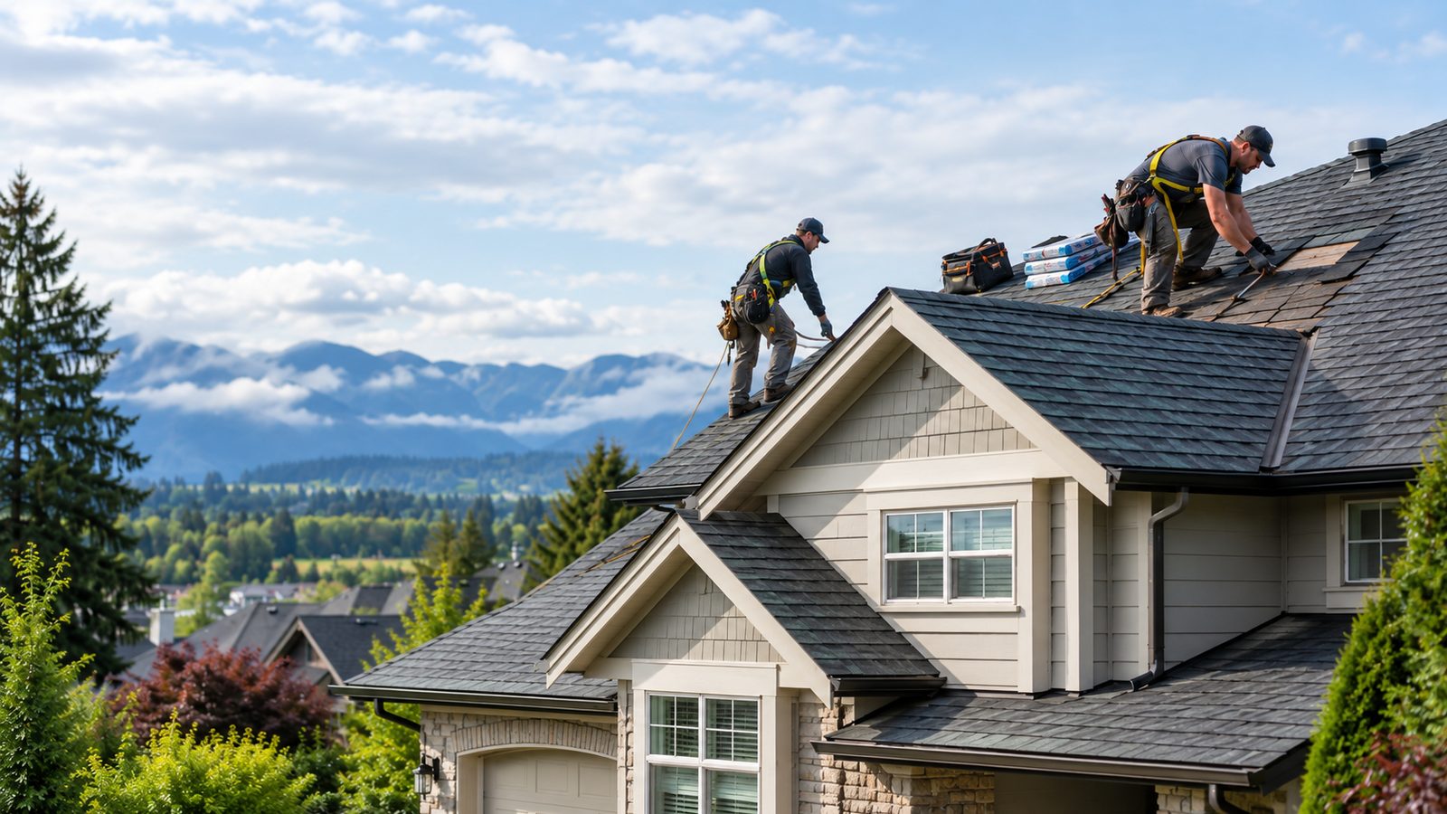 A roofing crew working on a residential roof with materials staged on the slope