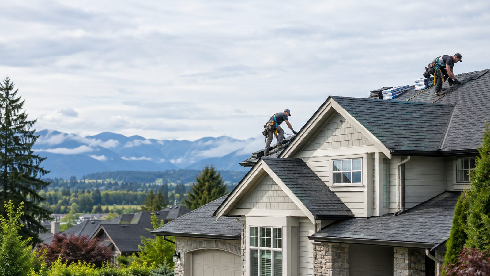 Two roofers working on the pitched asphalt shingle roof of a two-storey house