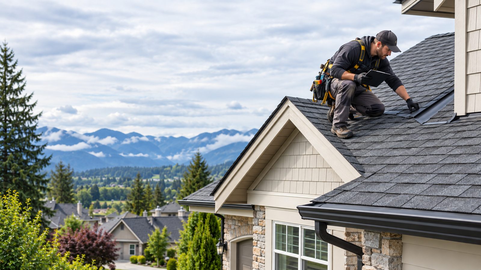 A roofer examining shingles and flashing during a roof inspection