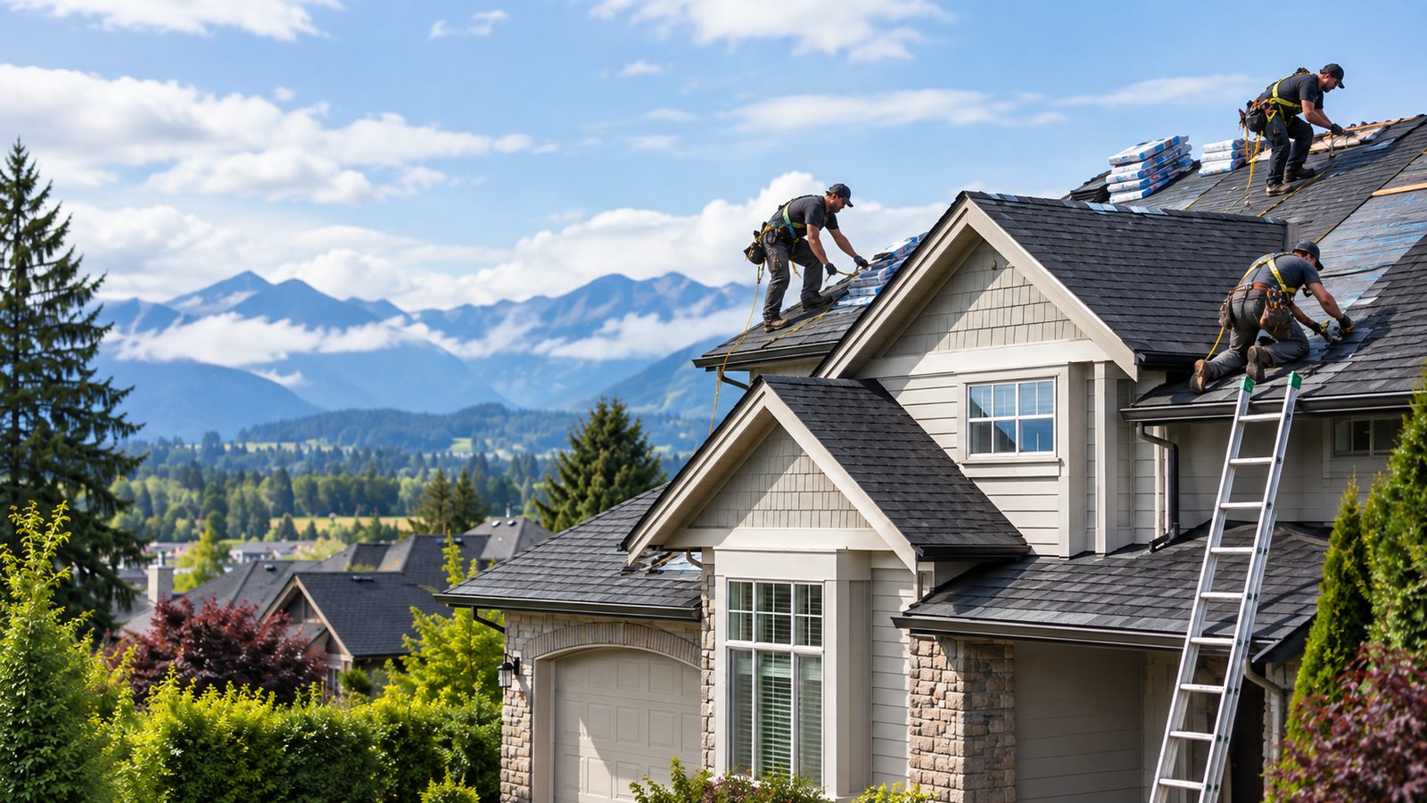 New asphalt shingles being installed over a prepared roof deck