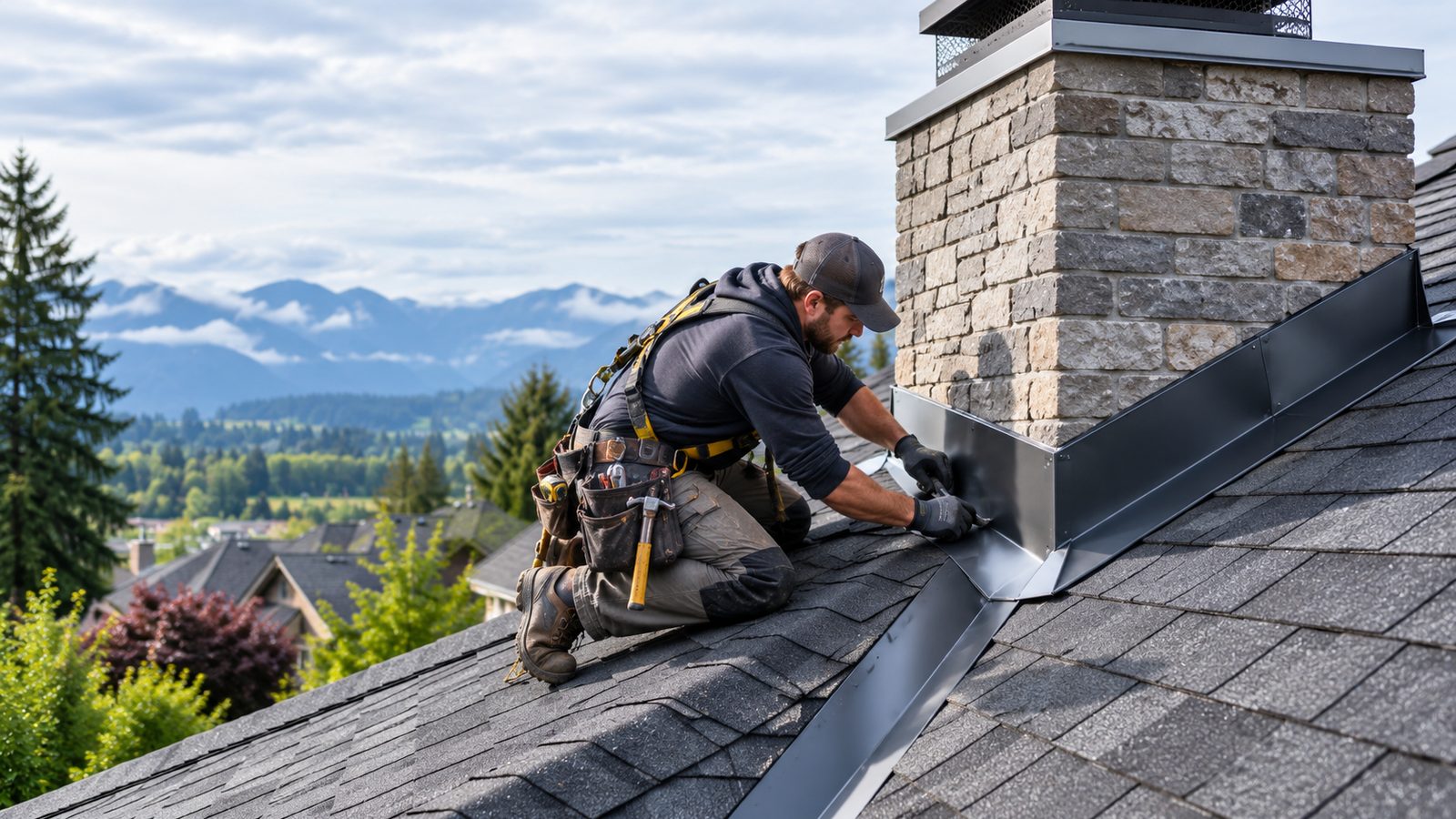 Metal flashing detail where a chimney meets a shingled roof slope