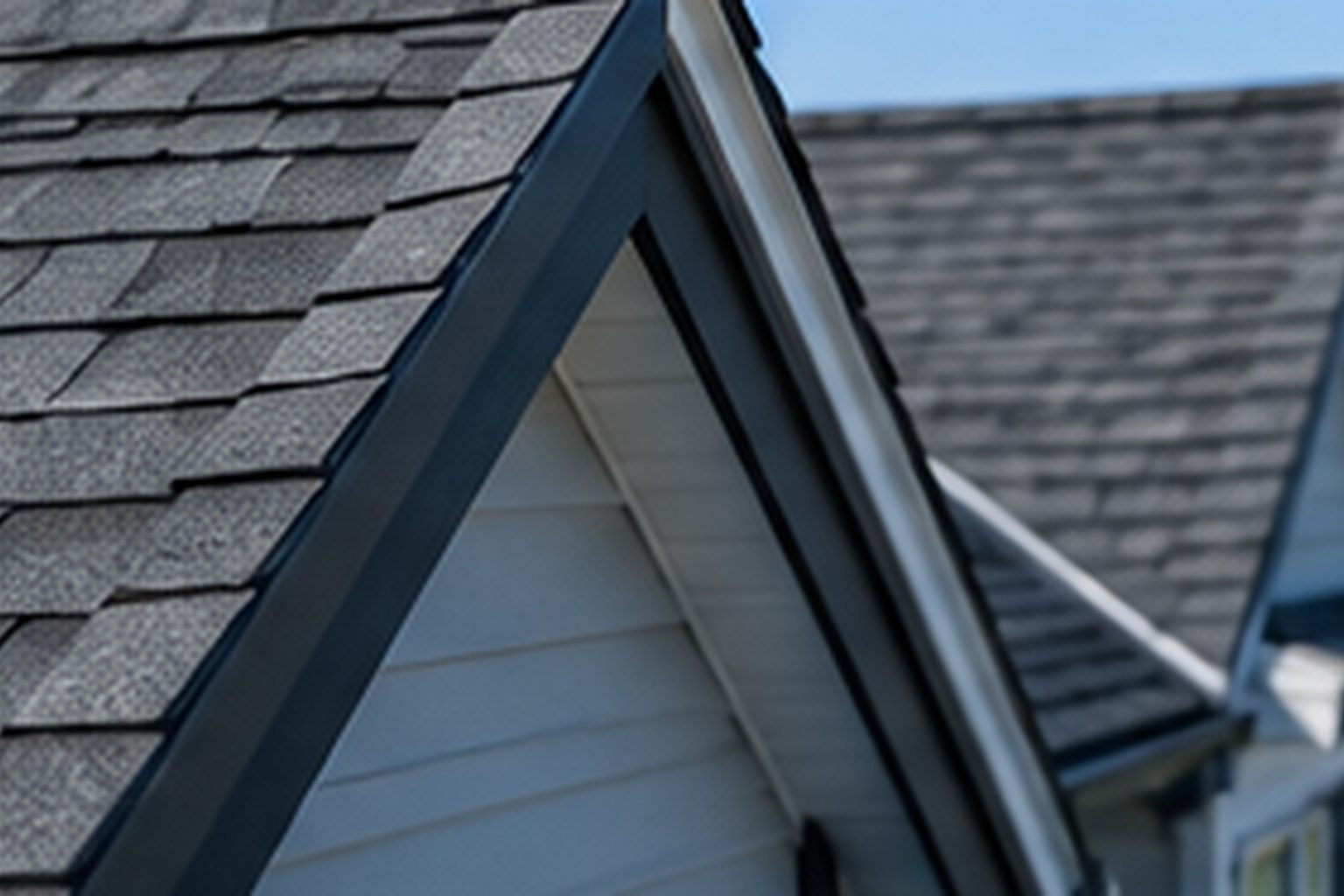 Close view of a shingled gable and roof edge on a townhouse