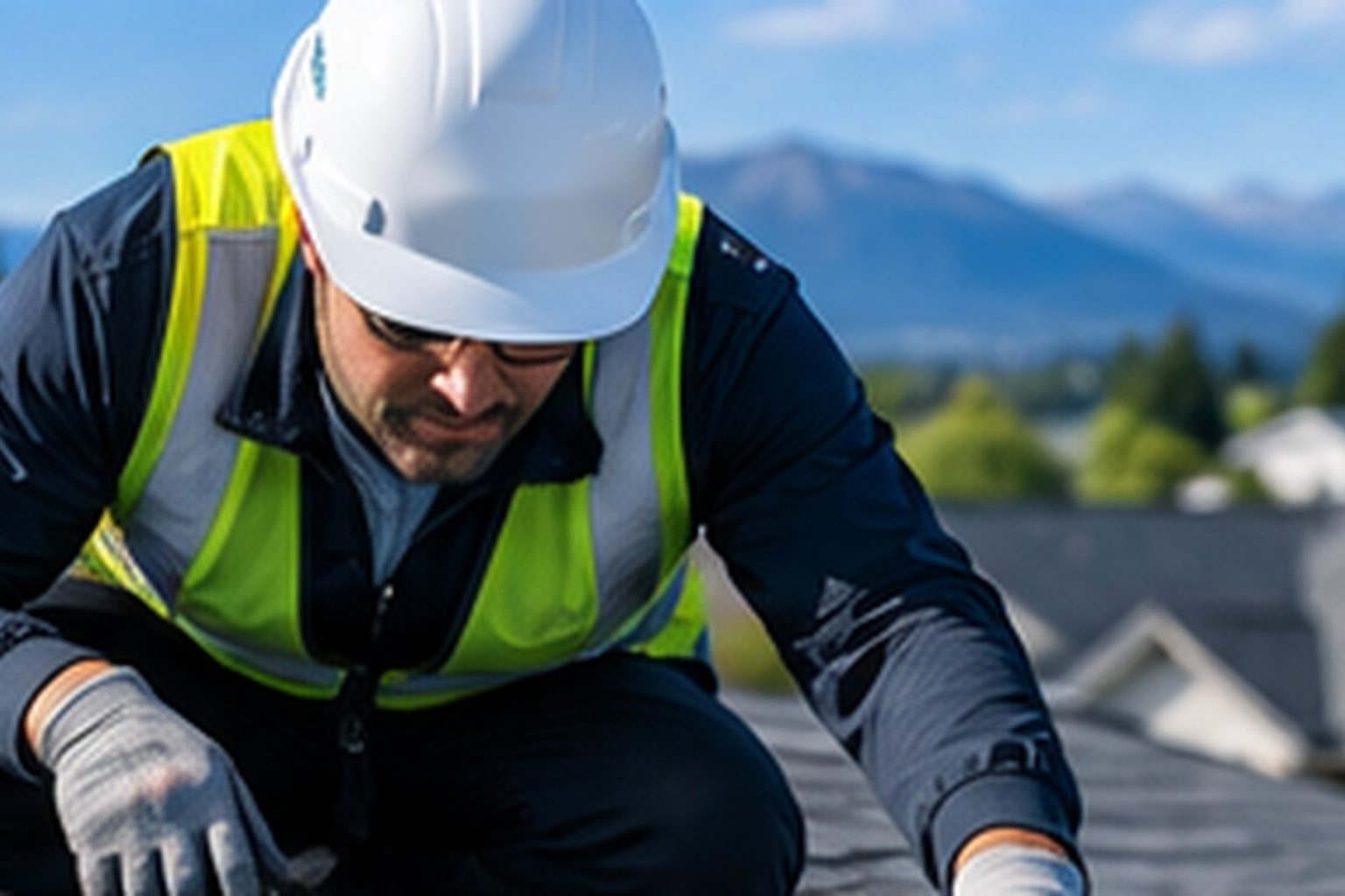 Roofer inspecting shingles on a townhouse roof