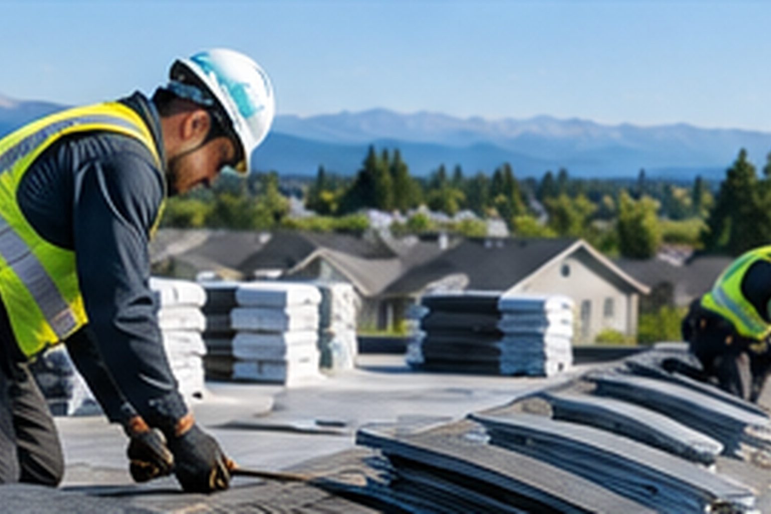 Roofers staging shingle bundles on a townhouse roof