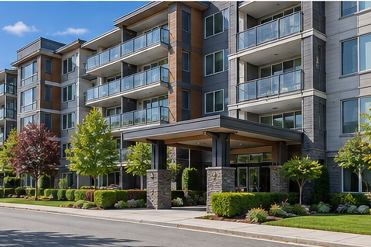 Multi-storey condominium building with balconies