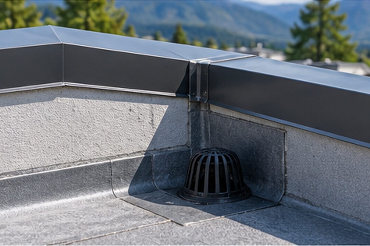 Roof drain and flashing at a parapet on a condominium roof