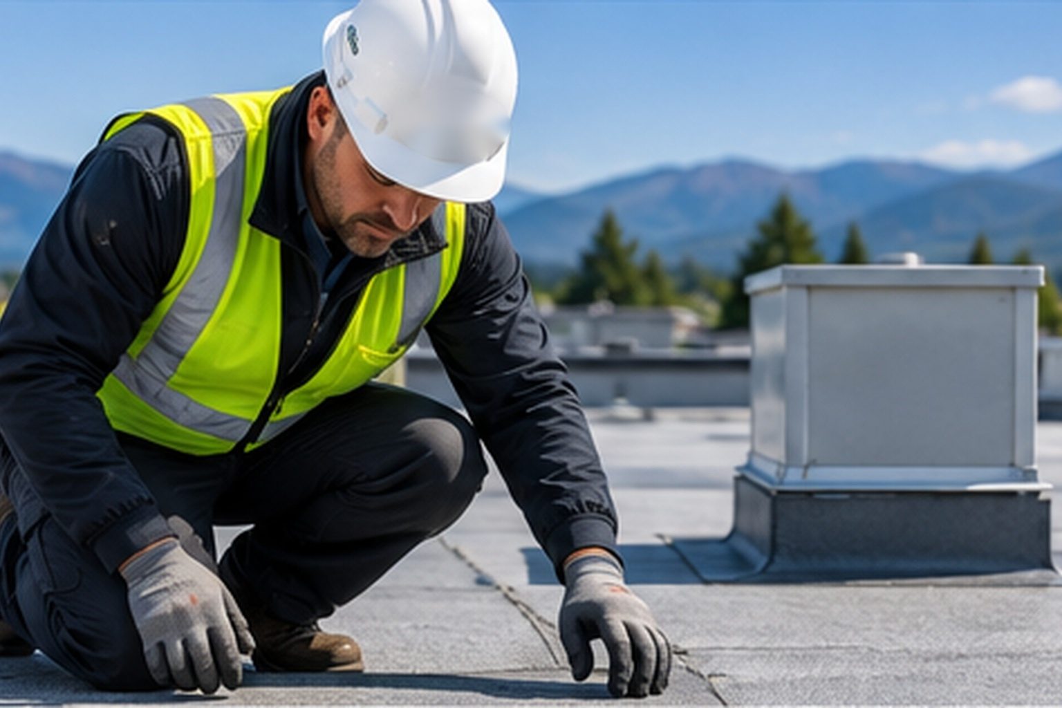 Roofer checking membrane around a rooftop curb