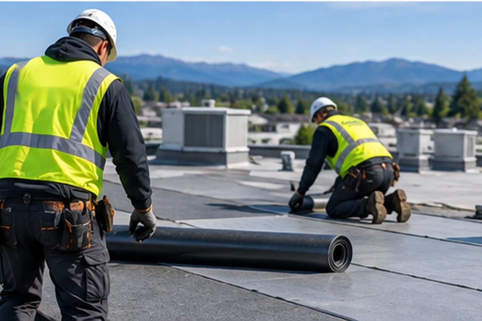 Roofers rolling out membrane on a condominium roof