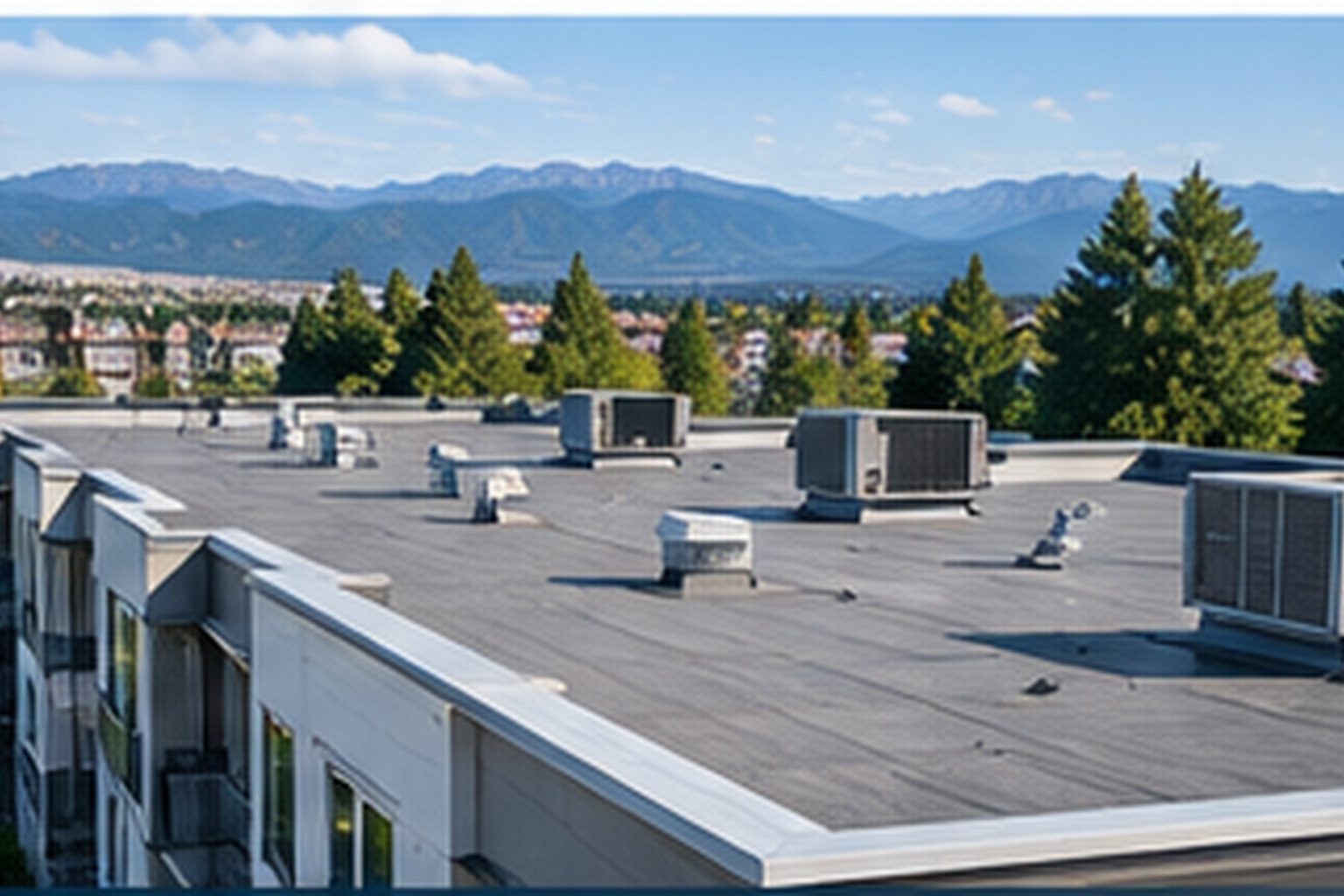 Flat roof of an apartment building with rooftop units, mountains in the distance