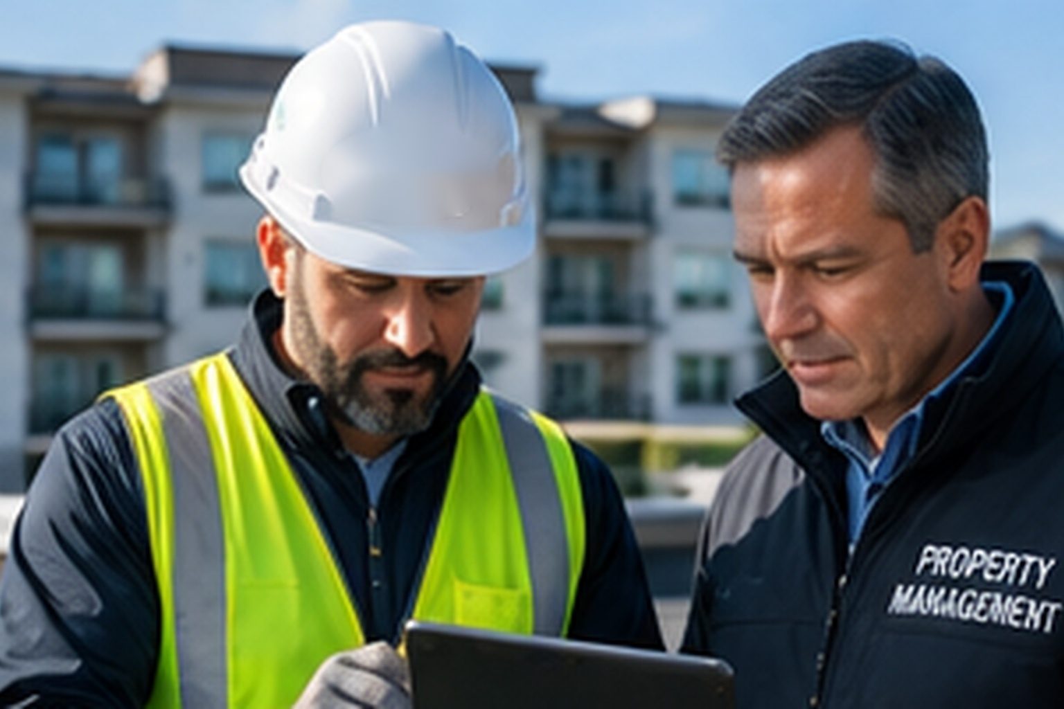 Roofer reviewing findings with a property manager on the roof