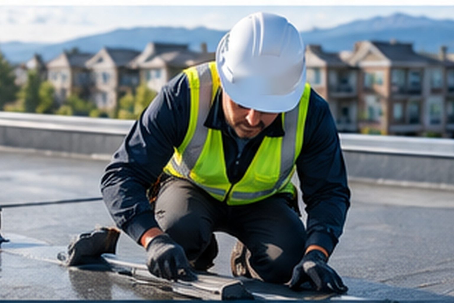 Roofer inspecting the membrane on an apartment roof