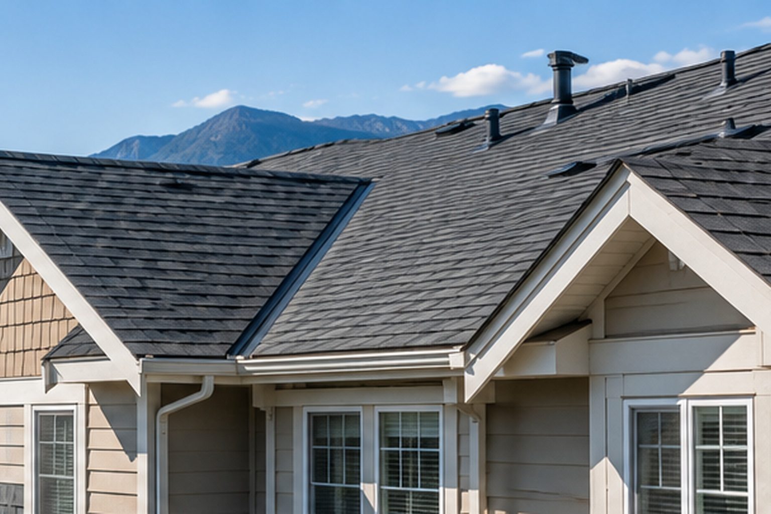Townhouse homes with shingled roofs
