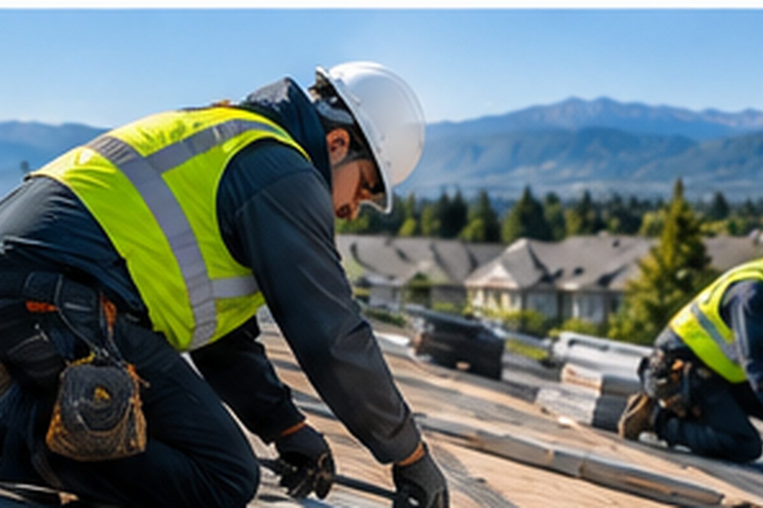 Roofer working on a townhouse roof with the community behind