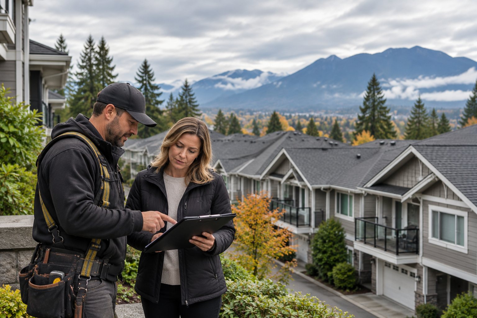 A person in work gear and a woman reviewing a tablet together outside a townhouse complex