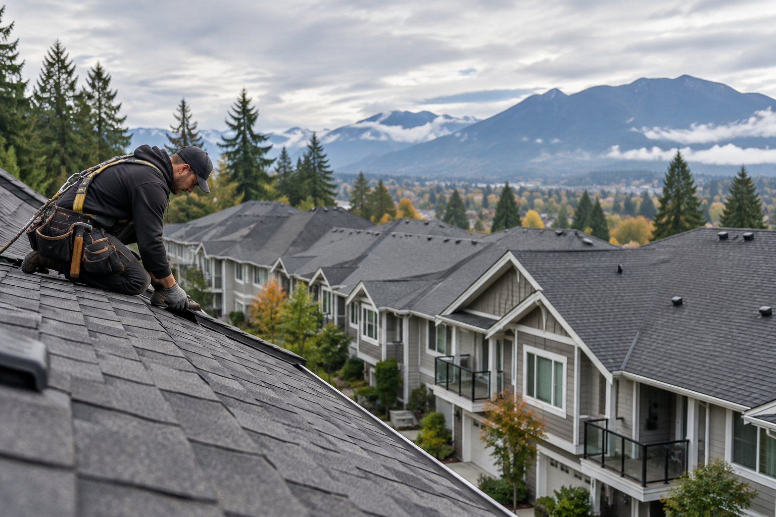 A roofer working on the shingled roof of a townhouse complex, with rows of townhouses and mountains in the distance