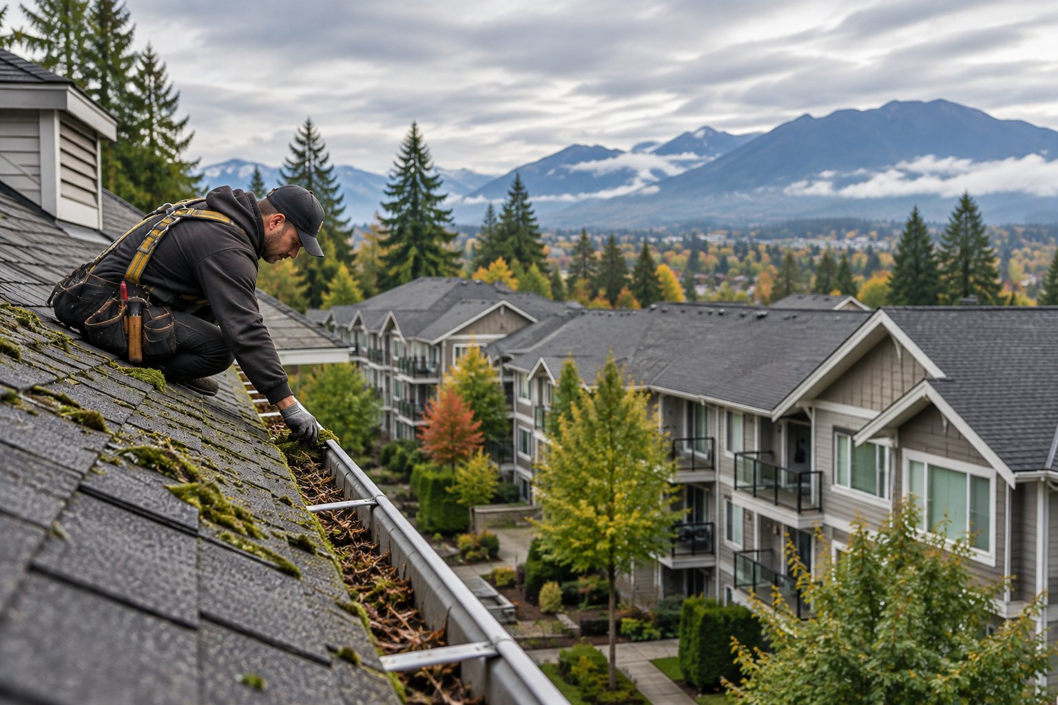A roofer clearing moss and debris from a gutter along a townhouse roof