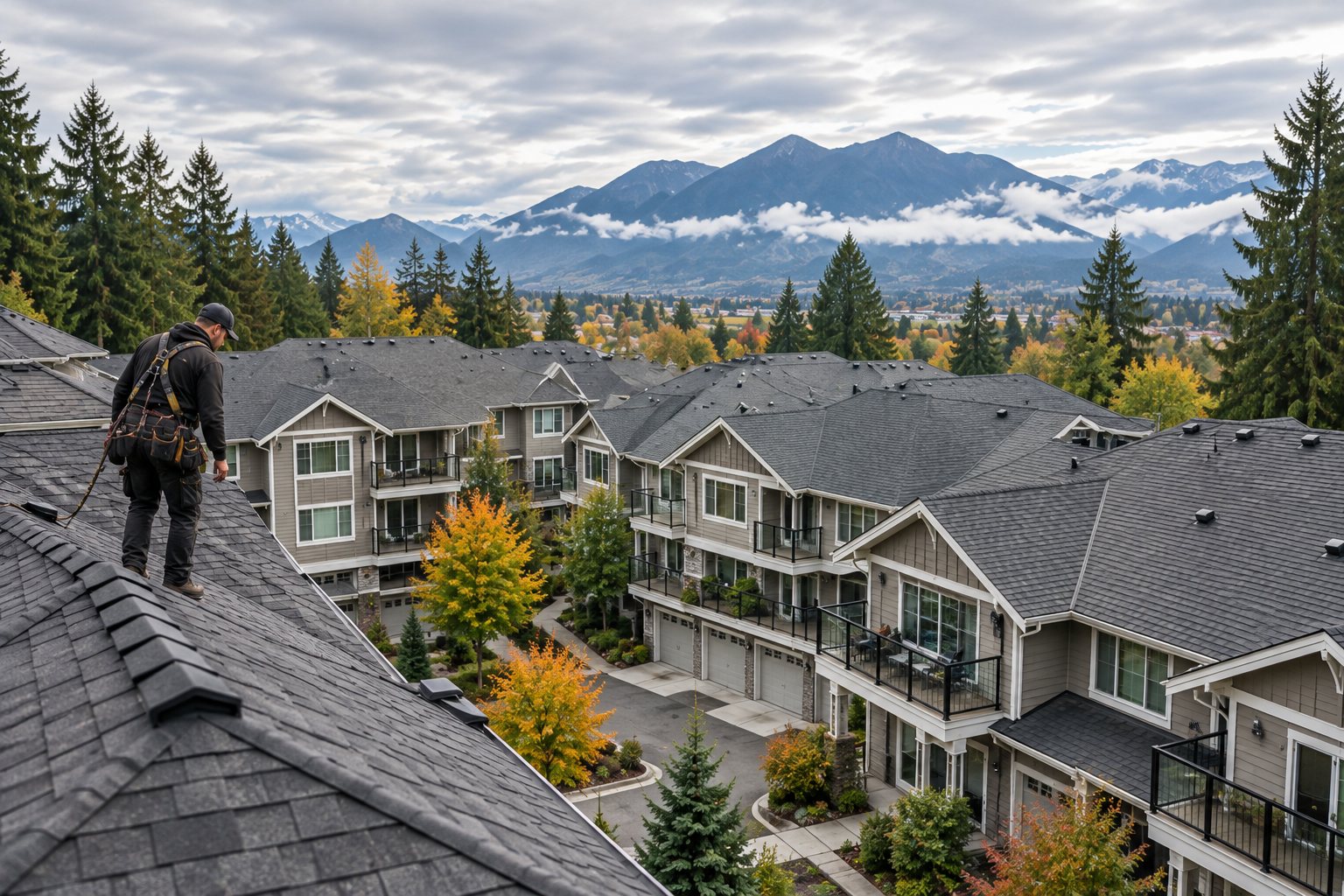 A roofer on a pitched roof looking out over rows of townhouse roofs in a multi-family complex