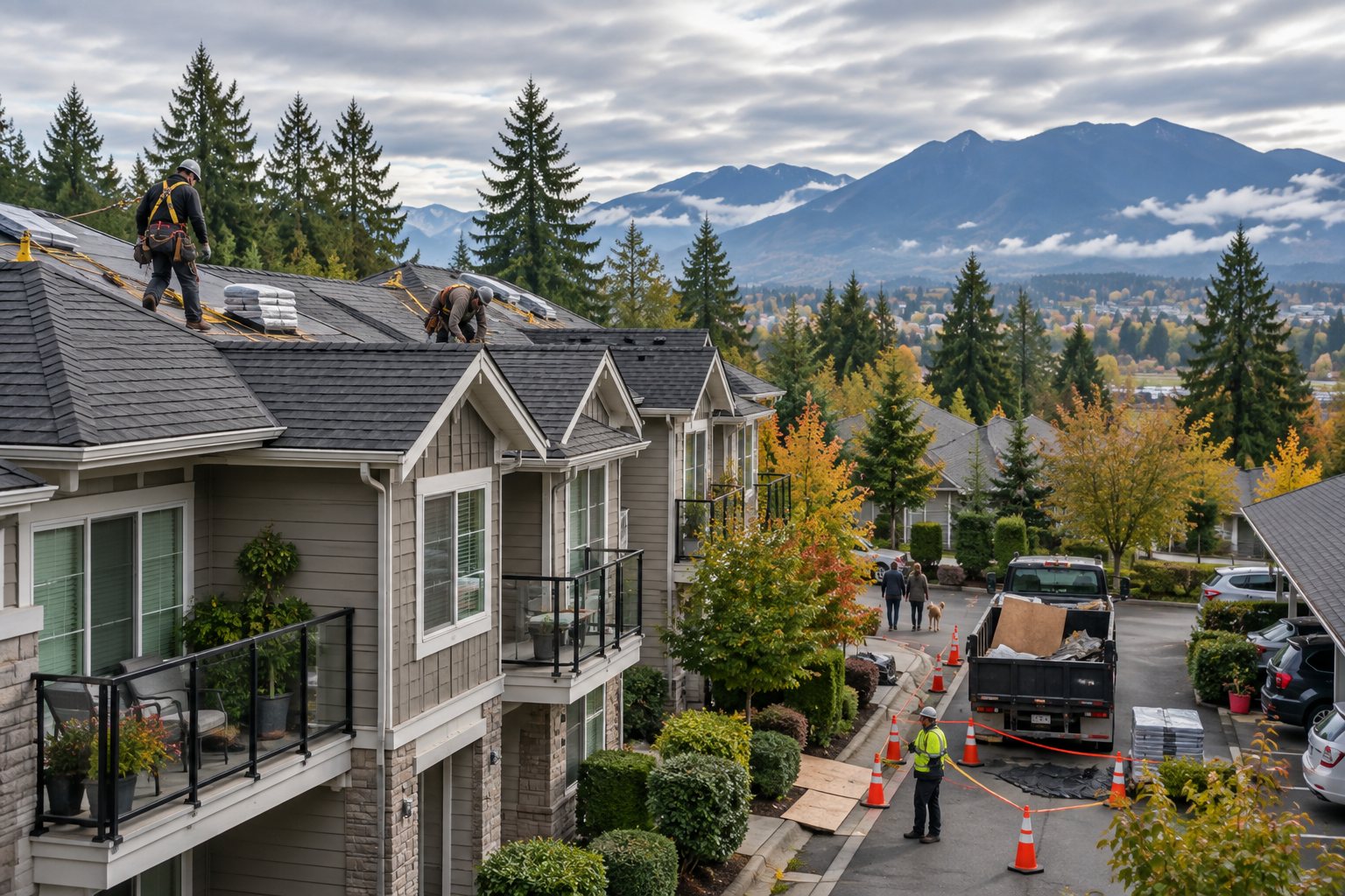 Roofing work on a townhouse building, with a truck and safety cones in the shared driveway below